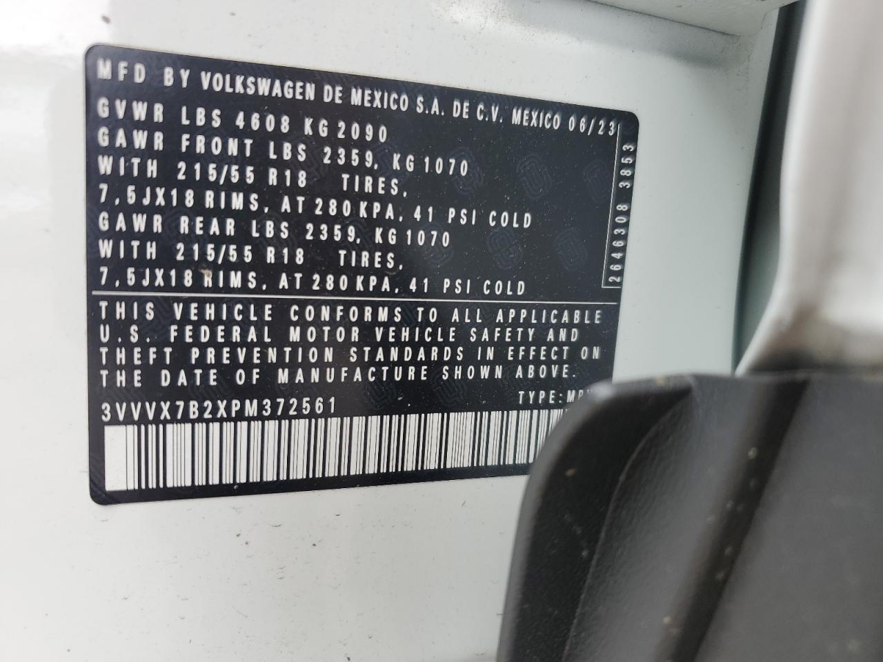 2023 VOLKSWAGEN TAOS SE VIN:3VVVX7B2XPM372561