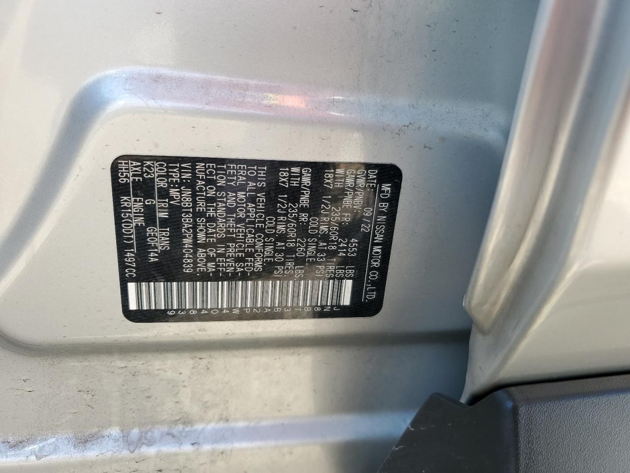 2023 NISSAN ROGUE SV VIN:JN8BT3BA2PW404839