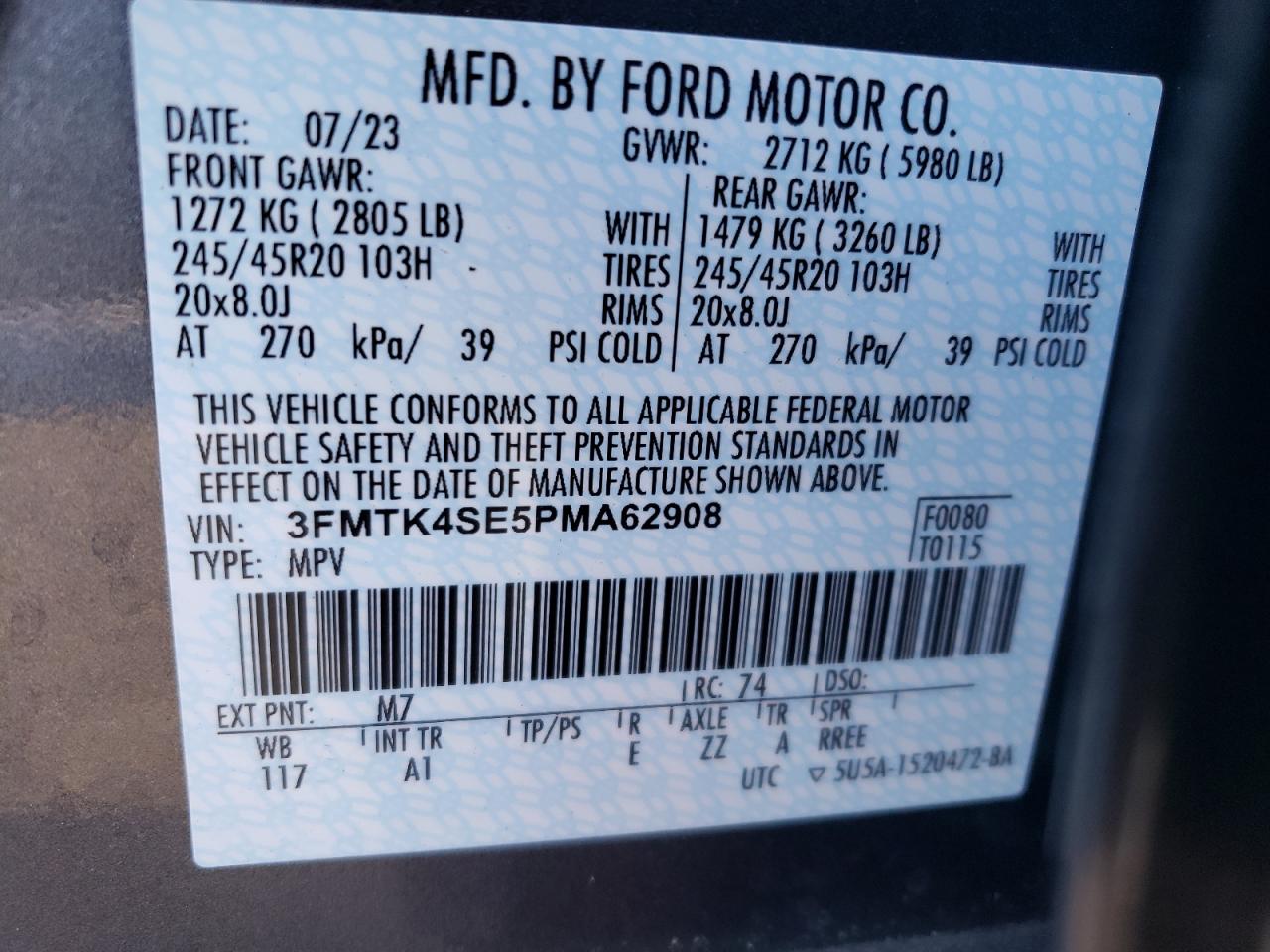 2023 FORD MUSTANG MACH-E GT VIN:3FMTK4SE5PMA62908