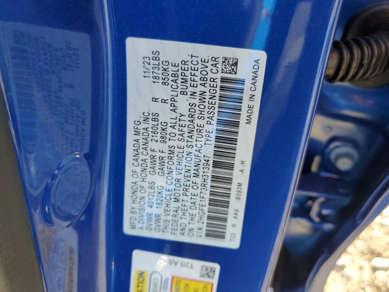 2024 HONDA CIVIC EX VIN:2HGFE1F73RH313947