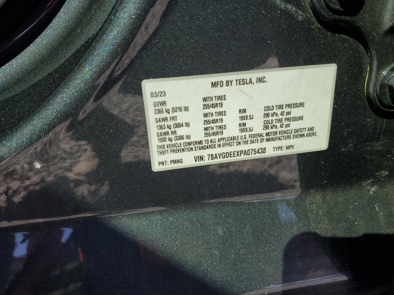 2023 TESLA MODEL Y VIN:7SAYGDEEXPA075438