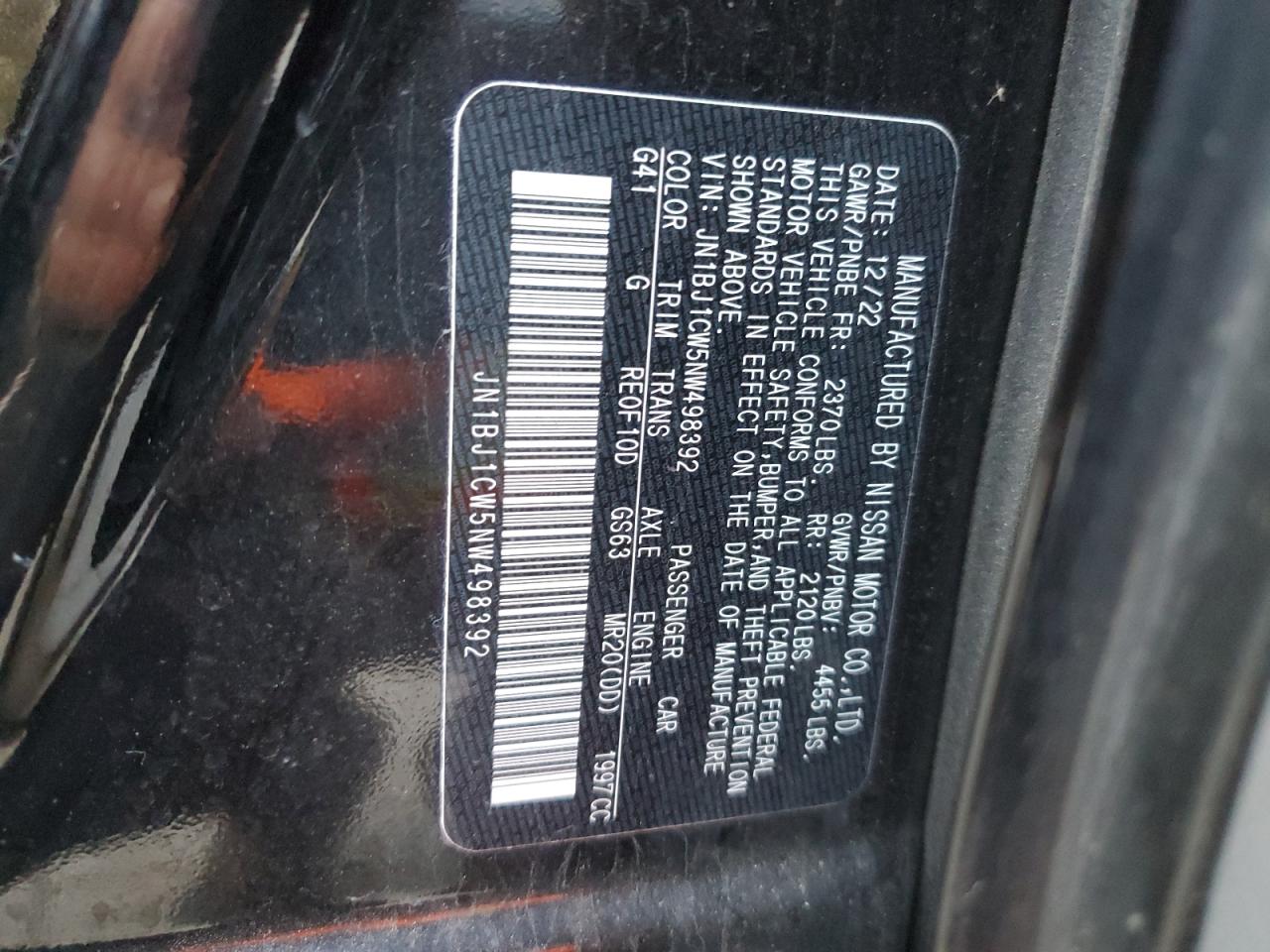 2022 NISSAN ROGUE SPORT SL VIN:JN1BJ1CW5NW498392