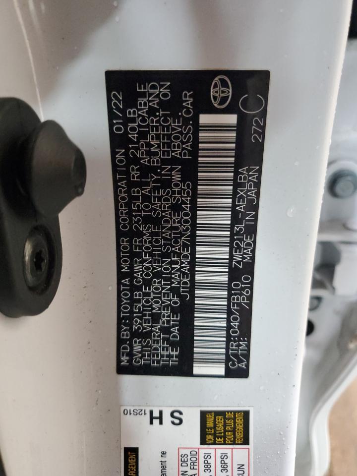 2022 TOYOTA COROLLA LE VIN:JTDEAMDE7N3004455