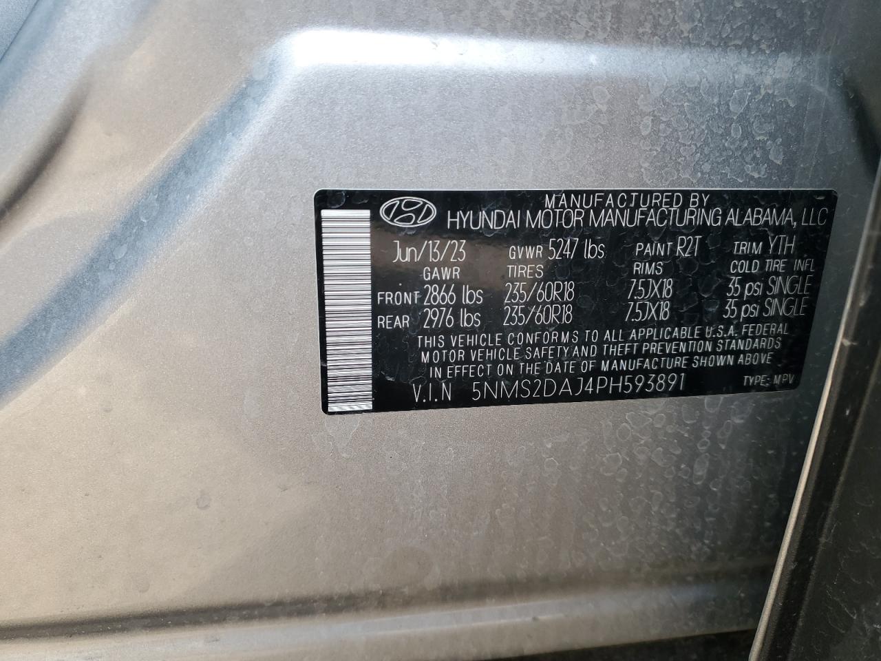 2023 HYUNDAI SANTA FE SEL VIN:5NMS2DAJ4PH593891