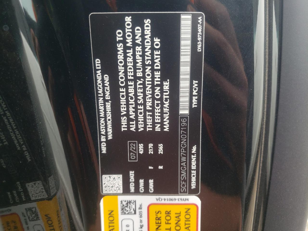 2023 ASTON MARTIN VANTAGE VIN:SCFSMGAW7PGN07196