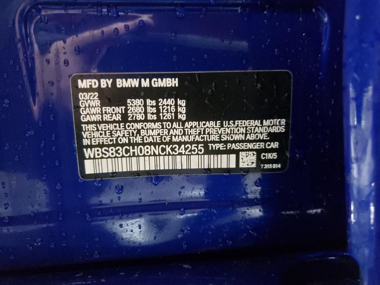 2022 BMW M5 VIN:WBS83CH08NCK34255