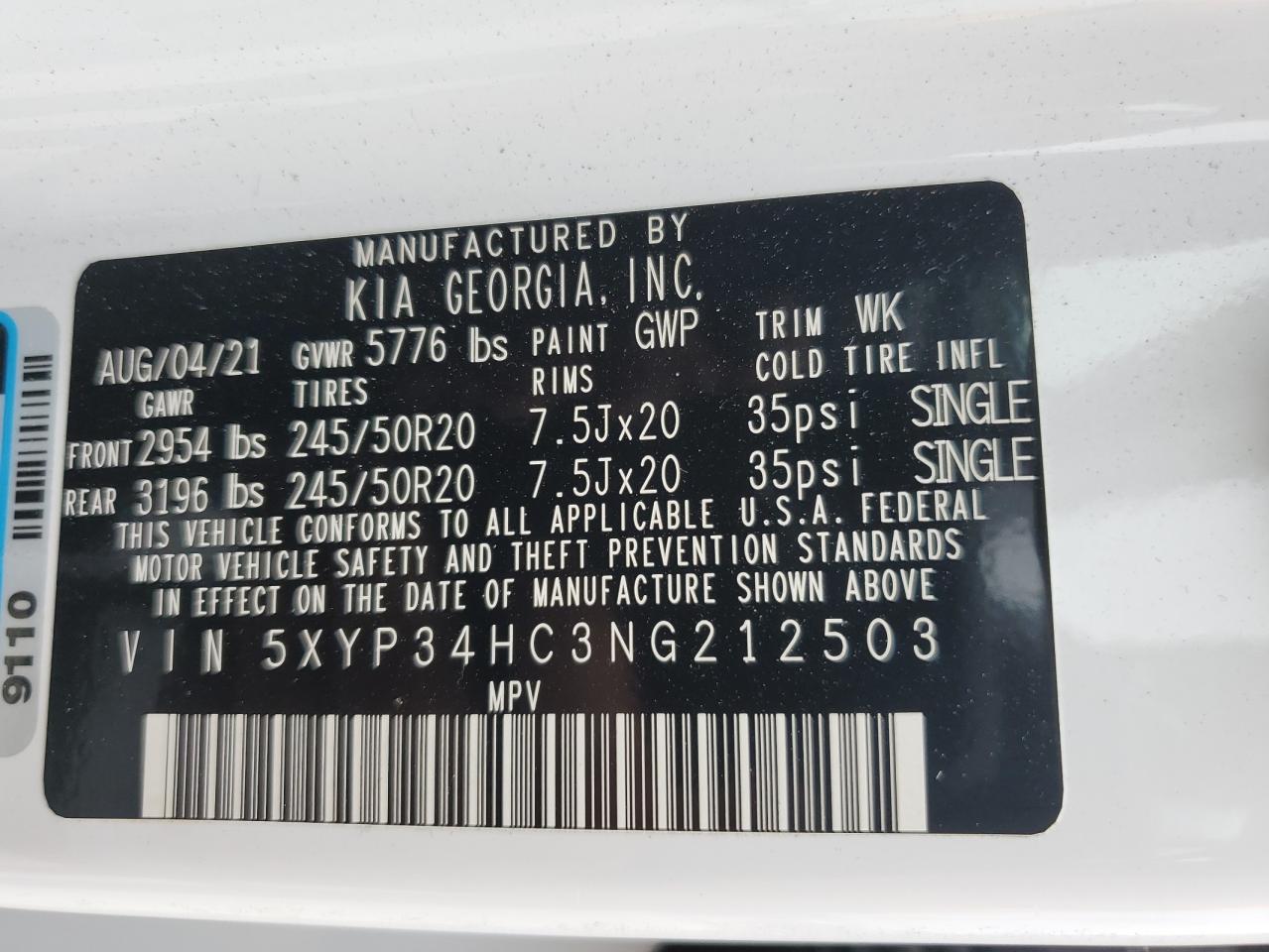 2022 KIA TELLURIDE EX VIN:5XYP34HC3NG212503