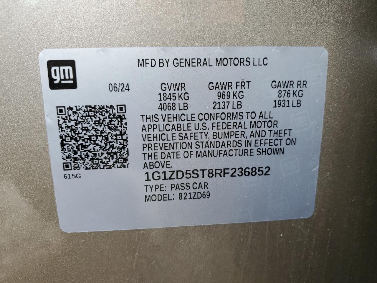 2024 CHEVROLET MALIBU LT VIN:1G1ZD5ST8RF236852