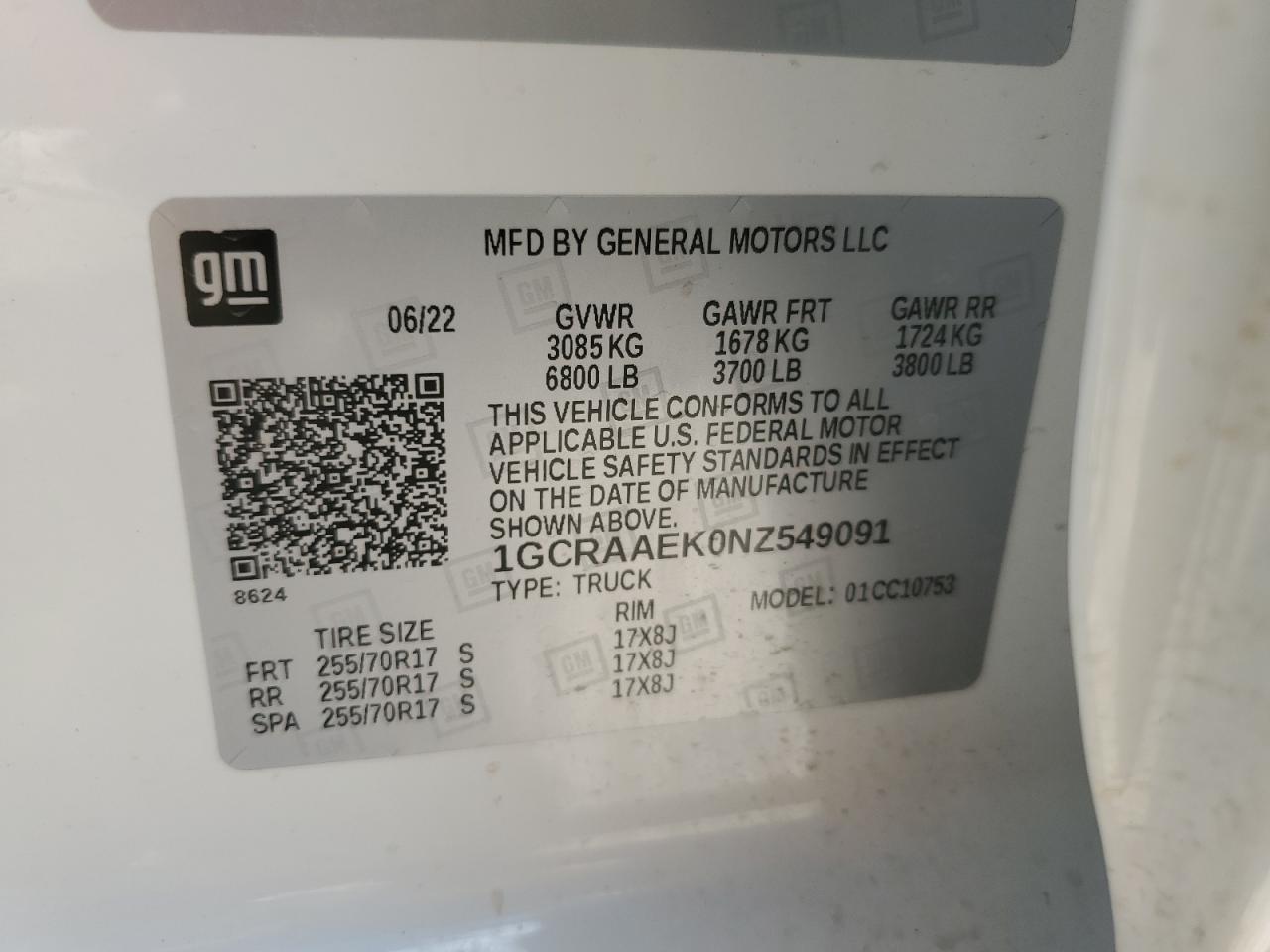 2022 CHEVROLET SILVERADO C1500 VIN:1GCRAAEK0NZ549091