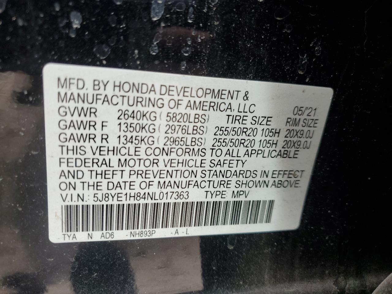 2022 ACURA MDX ADVANCE VIN:5J8YE1H84NL017363