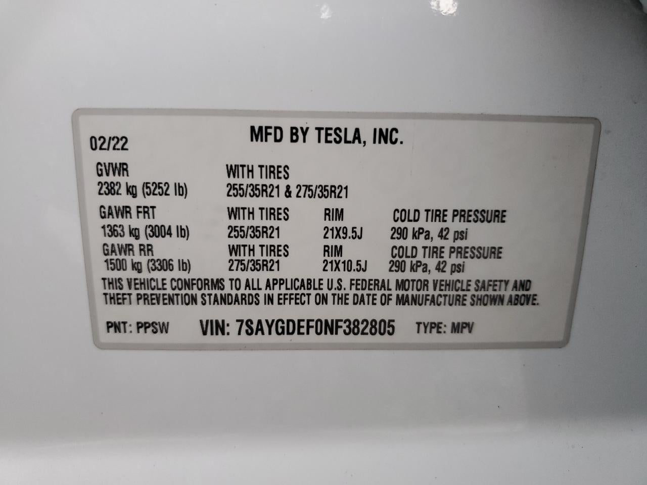 2022 TESLA MODEL Y VIN:7SAYGDEF0NF382805