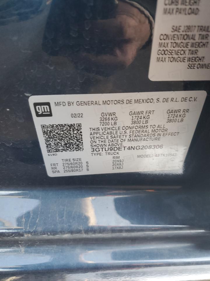2022 GMC SIERRA LIMITED K1500 SLT VIN:3GTU9DET4NG208306