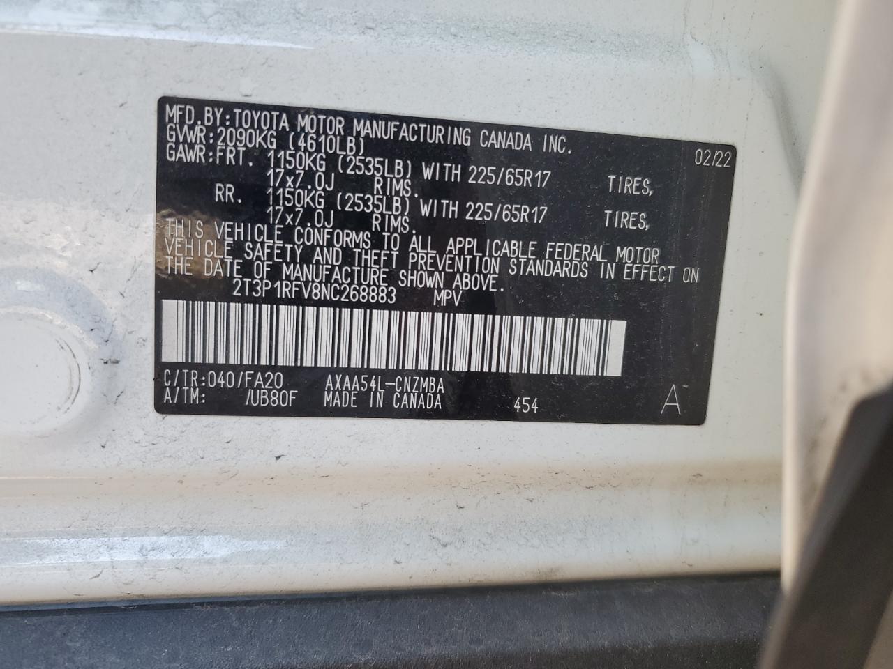 2022 TOYOTA RAV4 XLE VIN:2T3P1RFV8NC268883