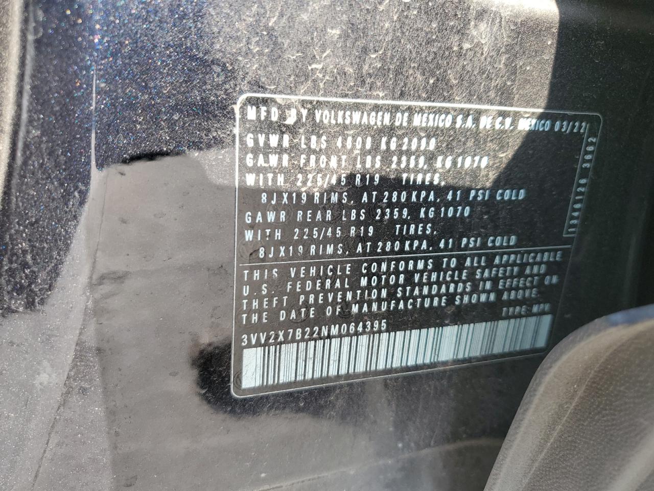 2022 VOLKSWAGEN TAOS SEL VIN:3VV2X7B22NM064395