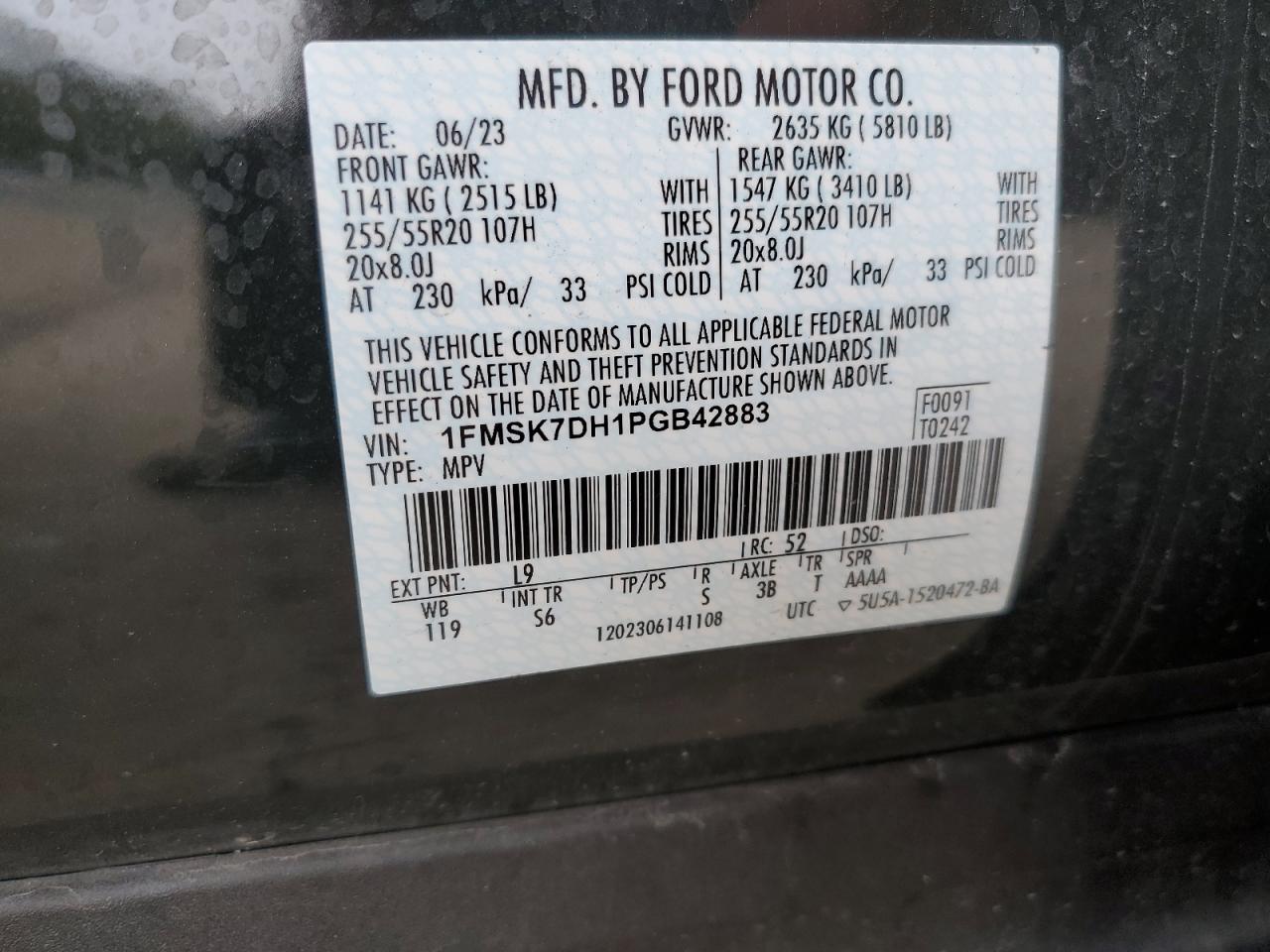 2023 FORD EXPLORER XLT VIN:1FMSK7DH1PGB42883