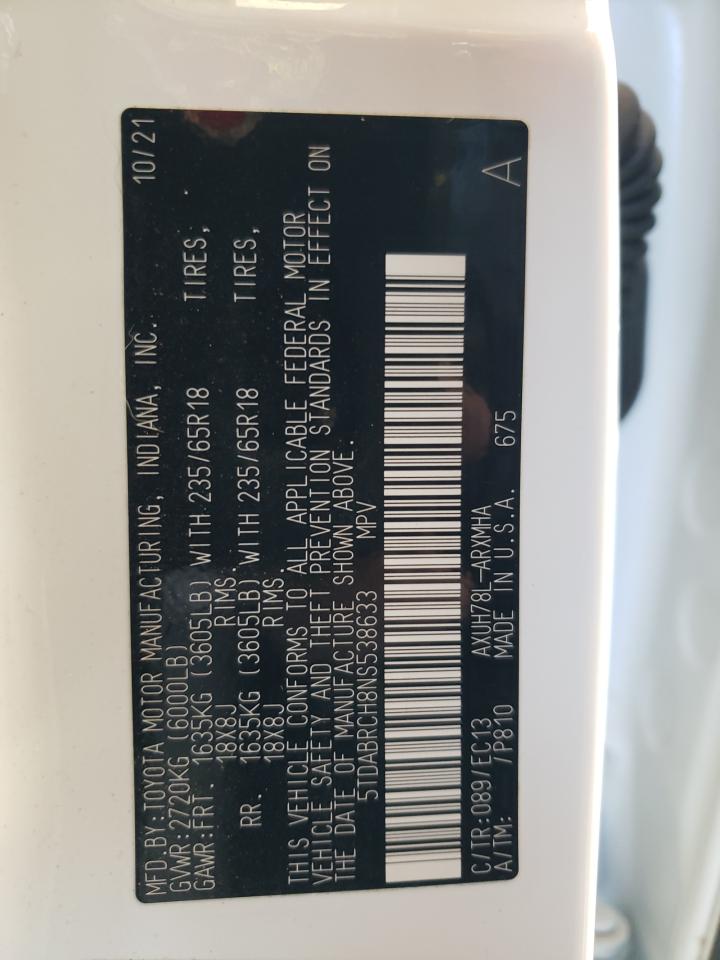 2022 TOYOTA HIGHLANDER HYBRID XLE VIN:5TDABRCH8NS538633