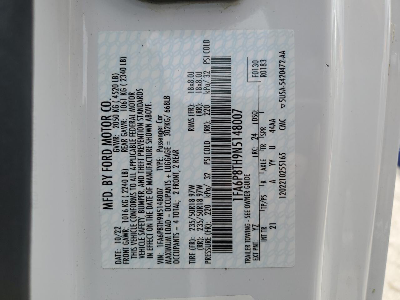 2022 FORD MUSTANG VIN:1FA6P8TH9N5148007