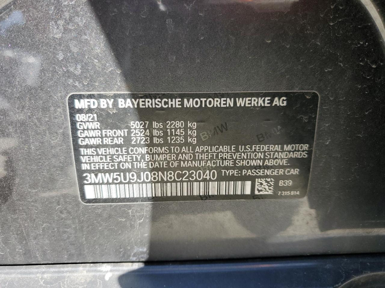 2022 BMW M340XI VIN:3MW5U9J08N8C23040