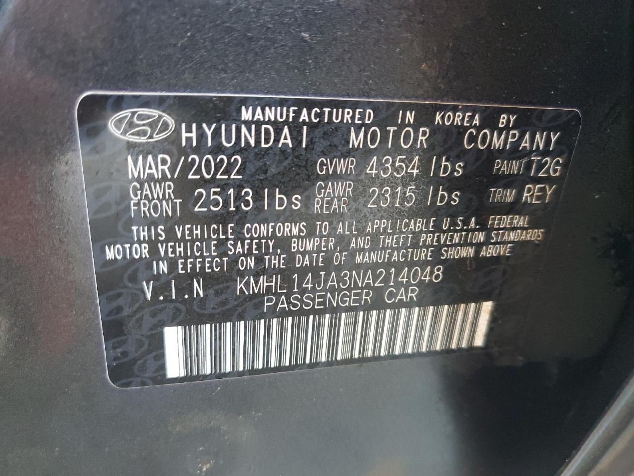 2022 HYUNDAI SONATA SEL VIN:KMHL14JA3NA214048