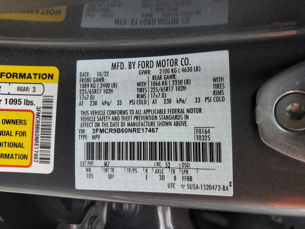 2022 FORD BRONCO SPORT BIG BEND VIN:3FMCR9B60NRE17467