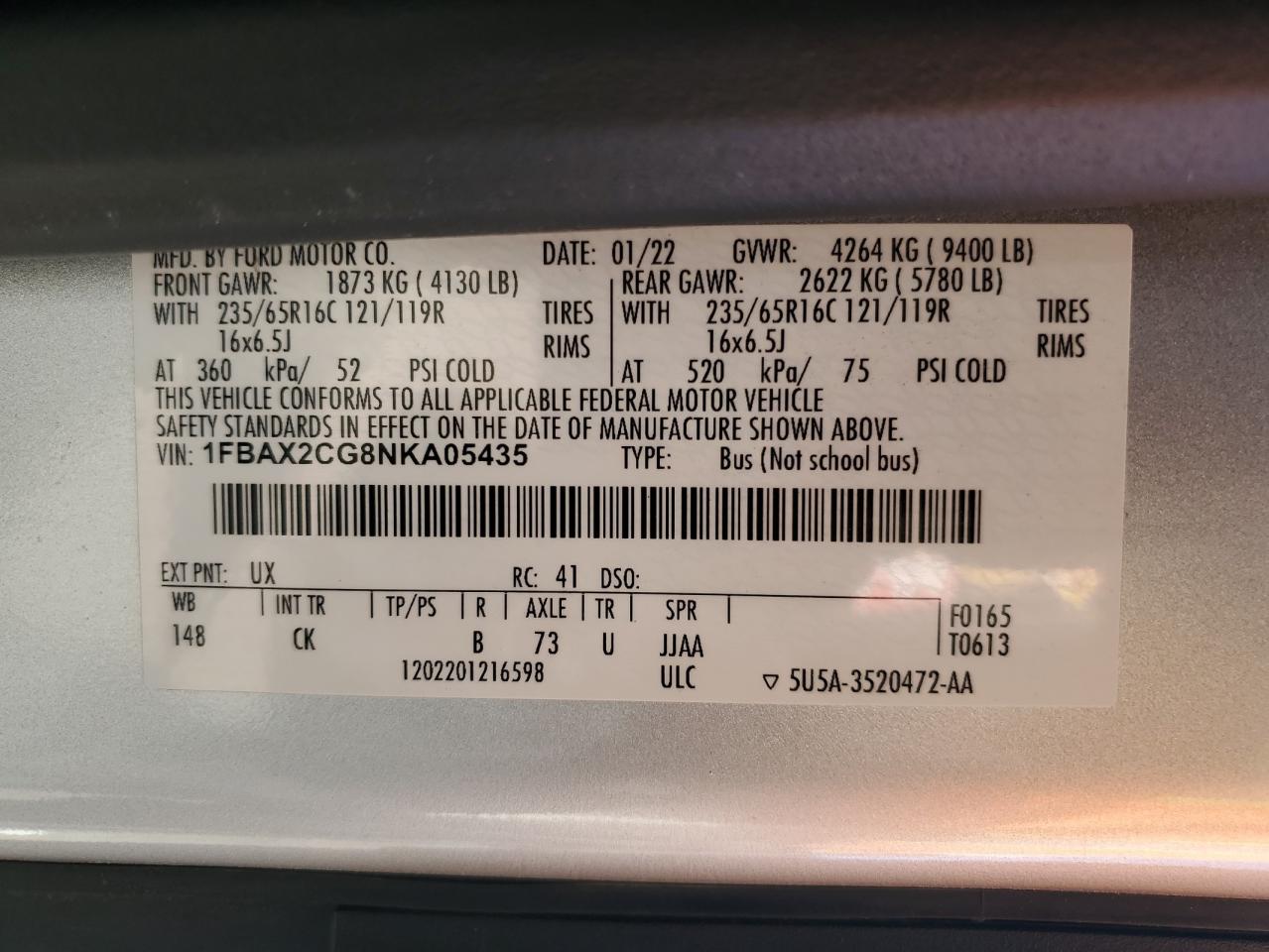 2022 FORD TRANSIT T-350 VIN:1FBAX2CG8NKA05435