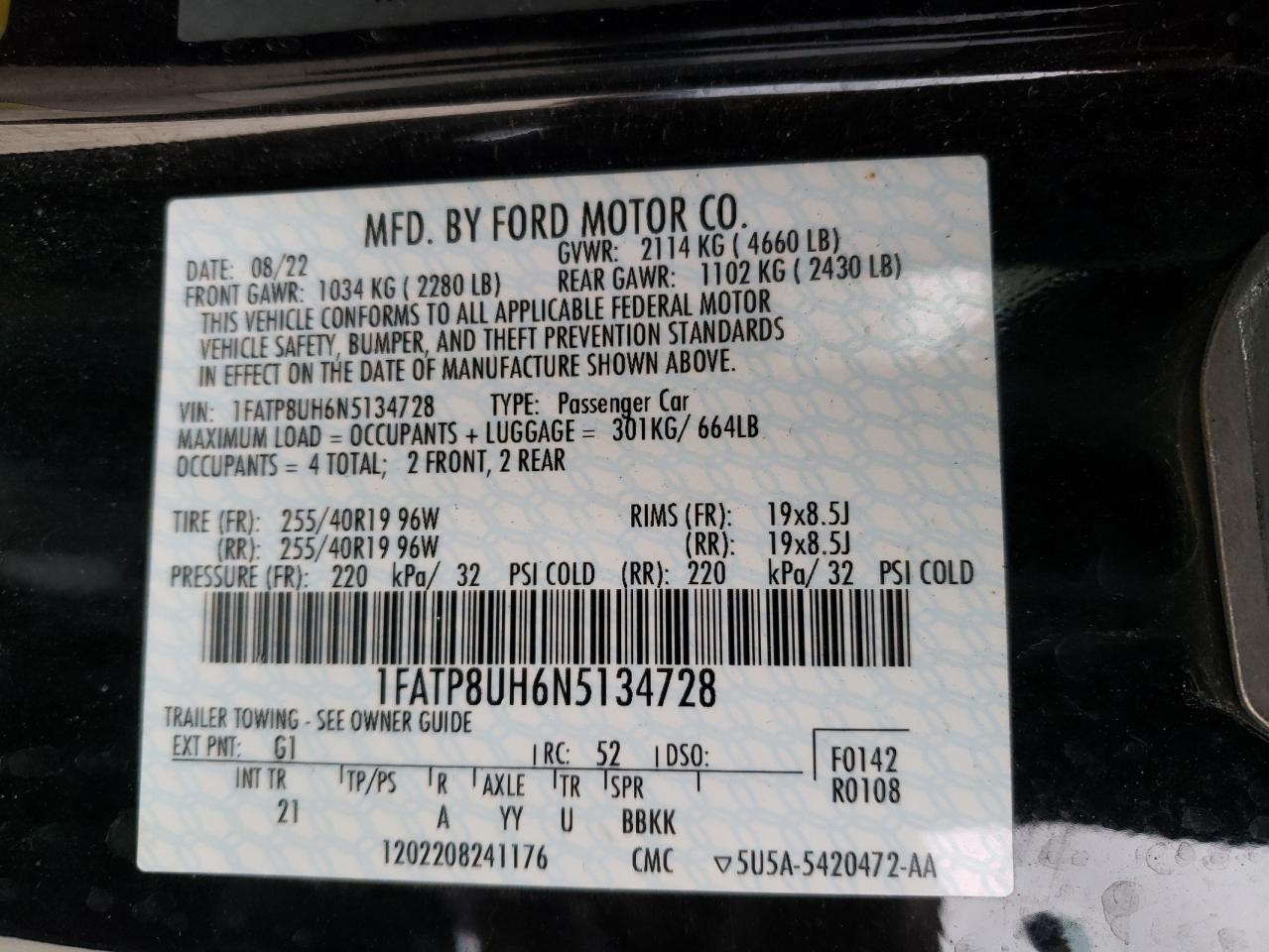 2022 FORD MUSTANG VIN:1FATP8UH6N5134728