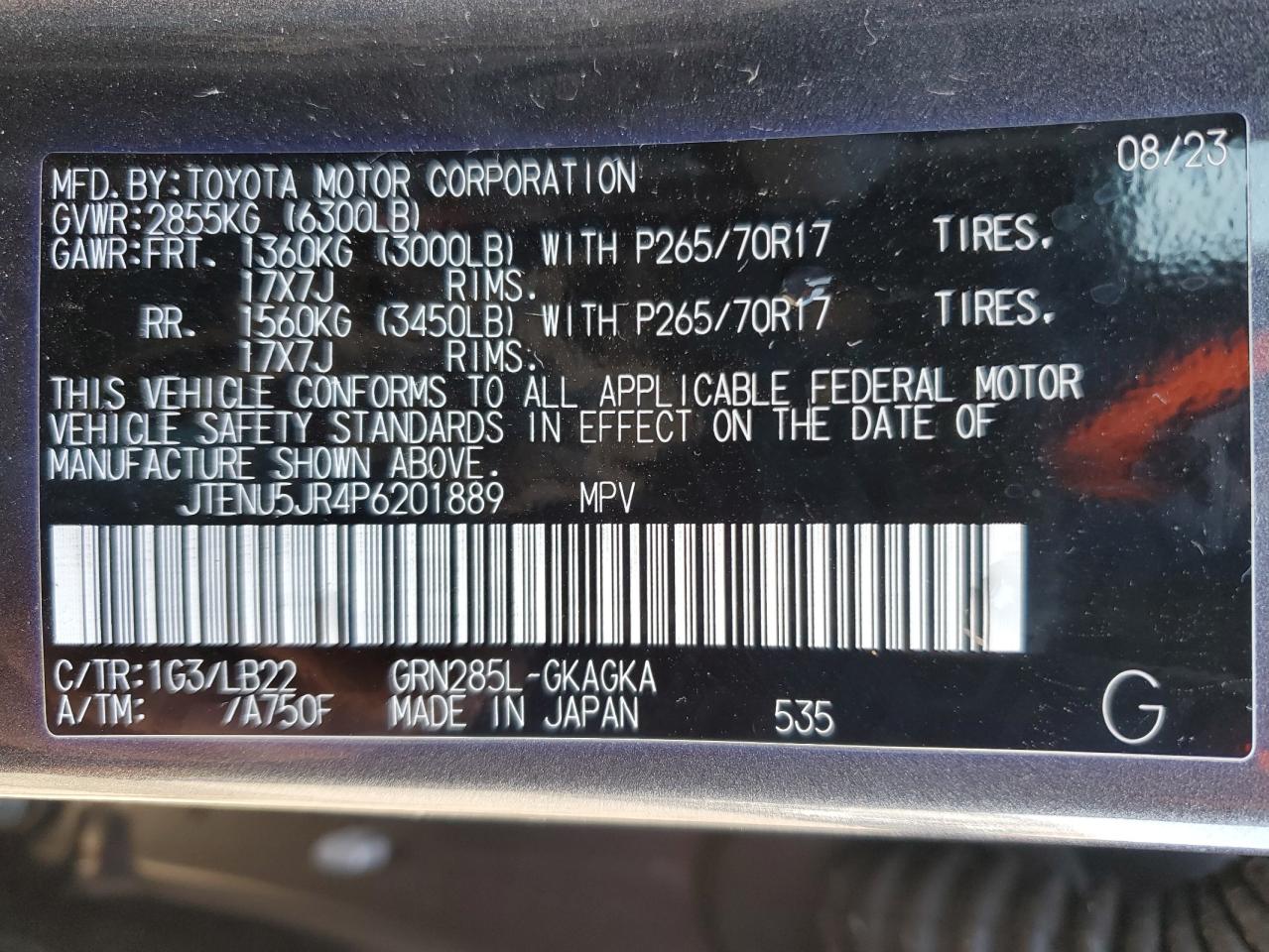 2023 TOYOTA 4RUNNER SE VIN:JTENU5JR4P6201889