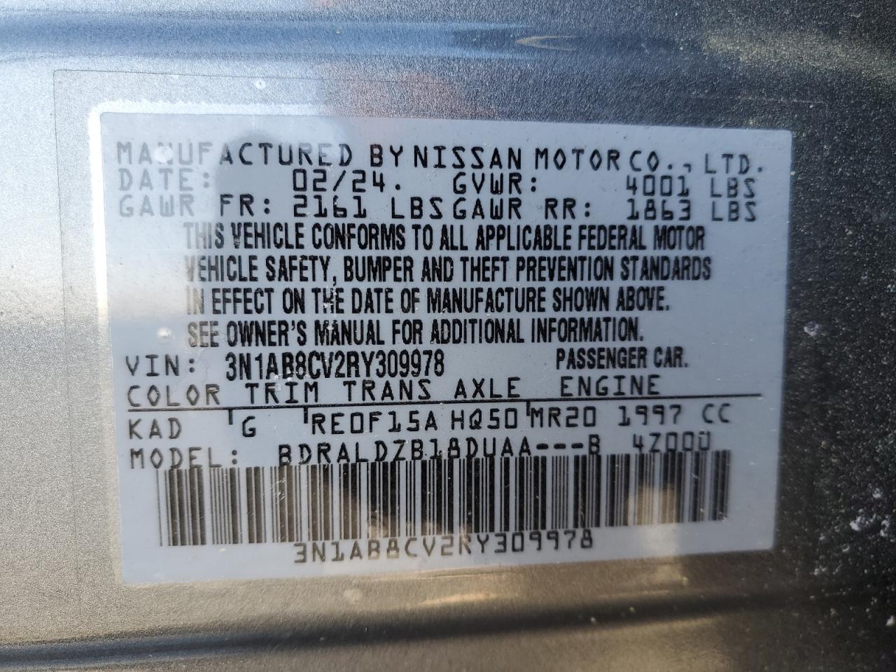 2024 NISSAN SENTRA SV VIN:7SAYGDEE1SA343429