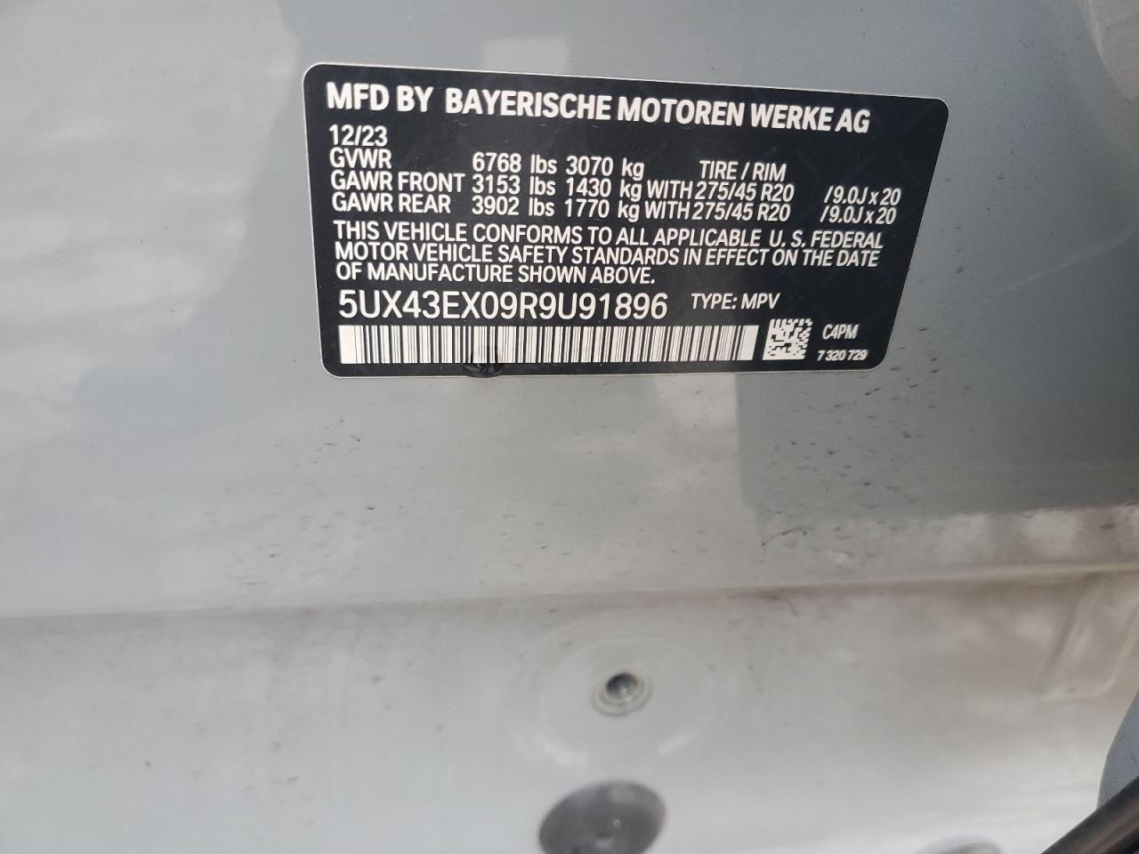 2024 BMW X6 M60I VIN:5UX43EX09R9U91896