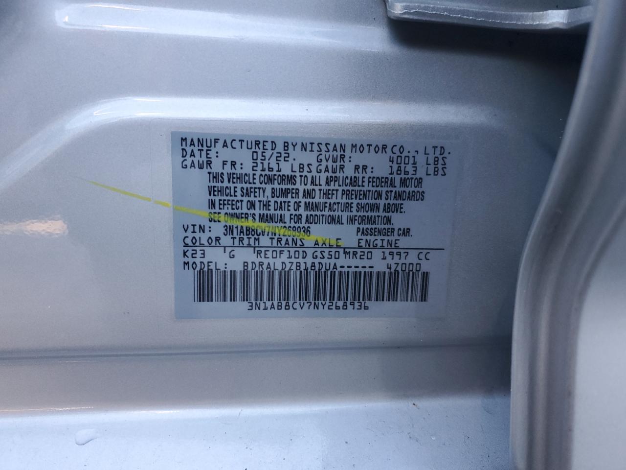 2022 NISSAN SENTRA SV VIN:3N1AB8CV7NY268936