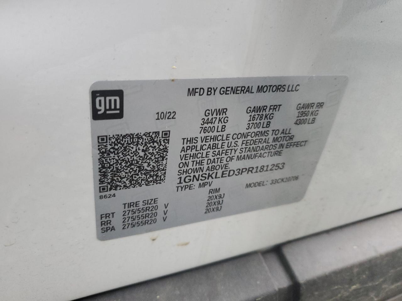 2023 CHEVROLET TAHOE K1500 VIN:1GNSKLED3PR181253