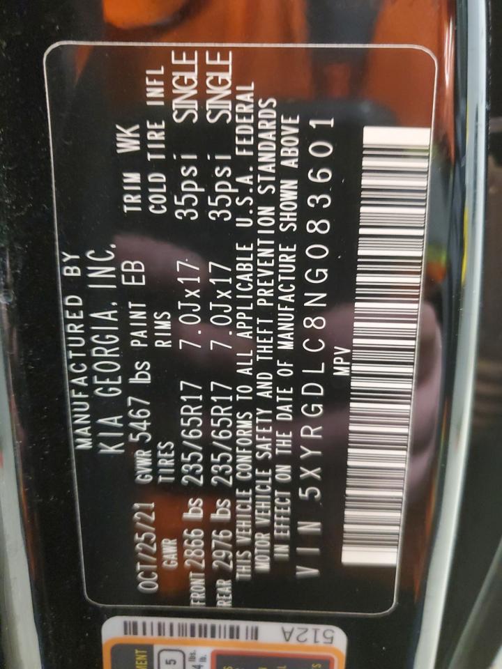2022 KIA SORENTO LX VIN:5XYRGDLC8NG083601