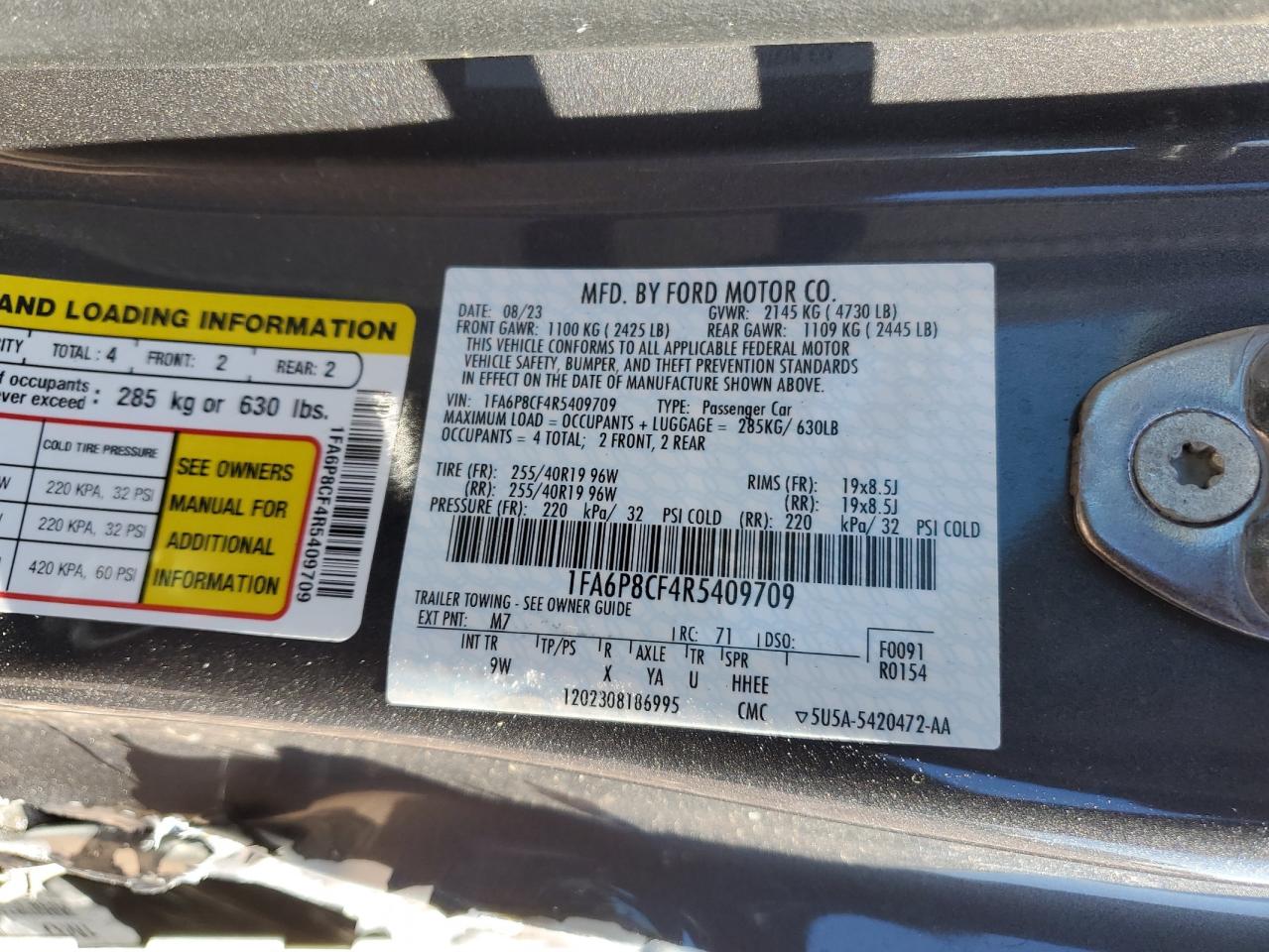 2024 FORD MUSTANG GT VIN:1FA6P8CF4R5409709