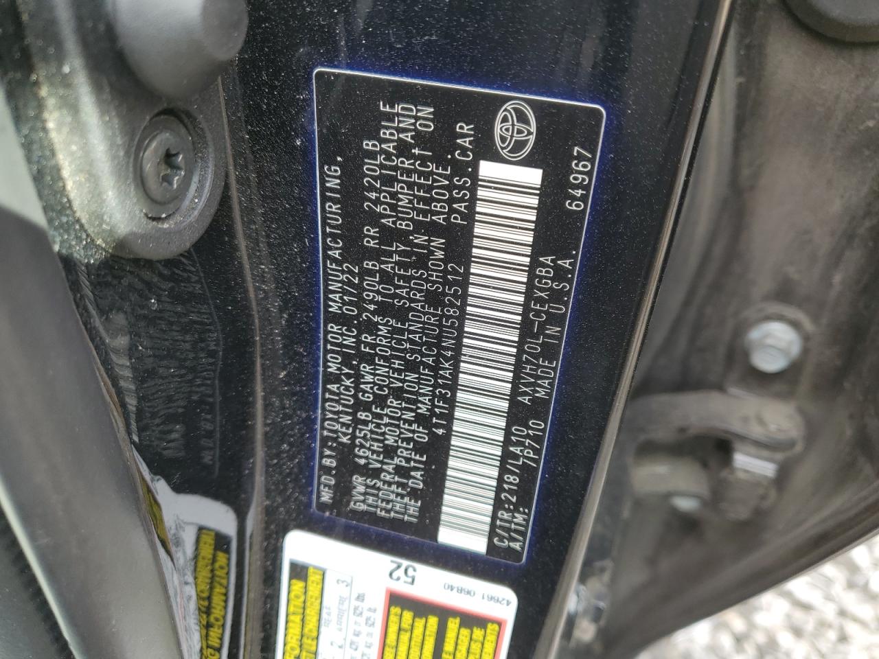 2022 TOYOTA CAMRY XLE VIN:4T1F31AK4NU582512