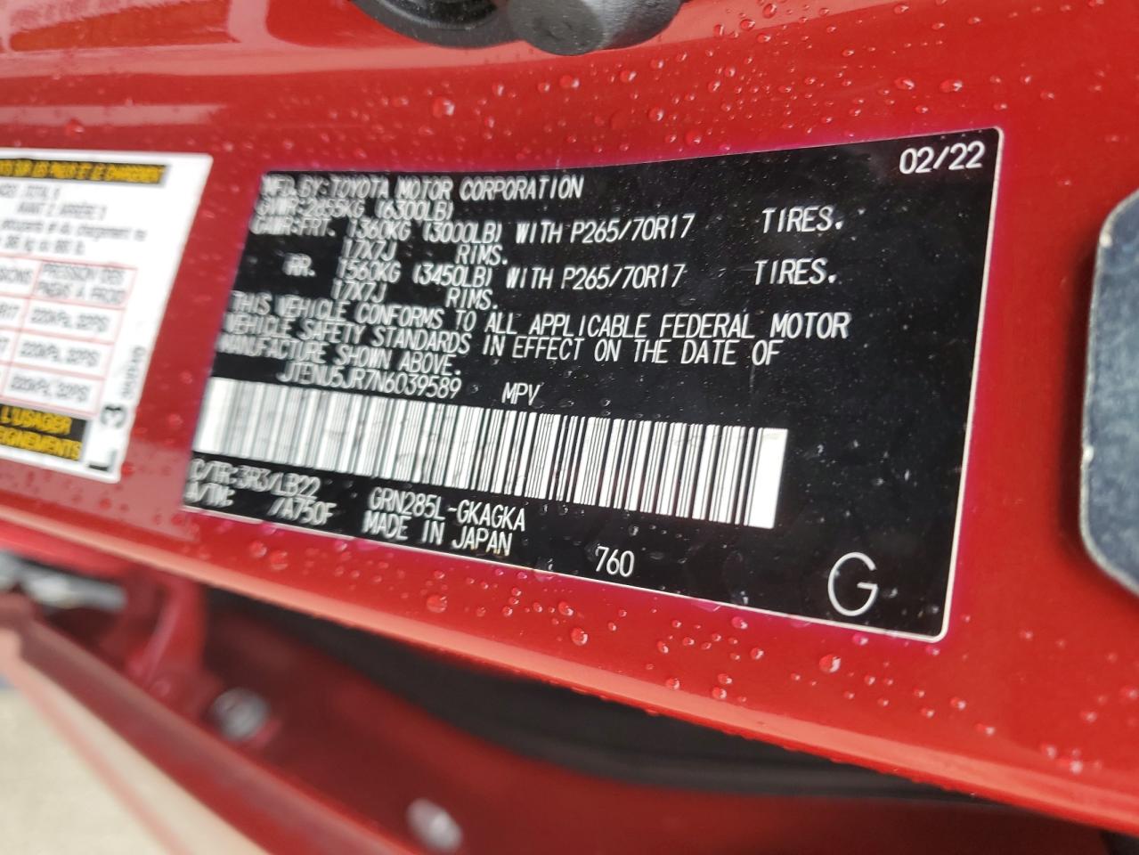 2022 TOYOTA 4RUNNER SR5/SR5 PREMIUM VIN:JTENU5JR7N6039589