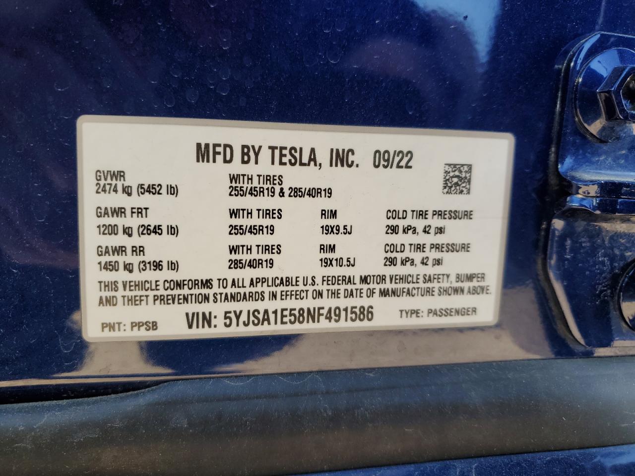 2022 TESLA MODEL S VIN:5YJSA1E58NF491586