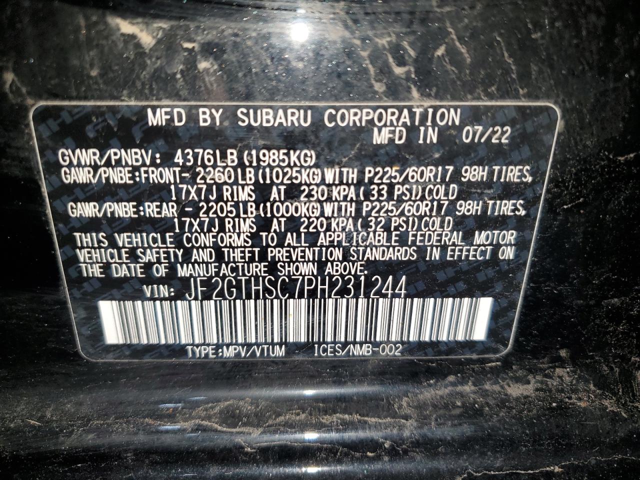 2023 SUBARU CROSSTREK SPORT VIN:JF2GTHSC7PH231244