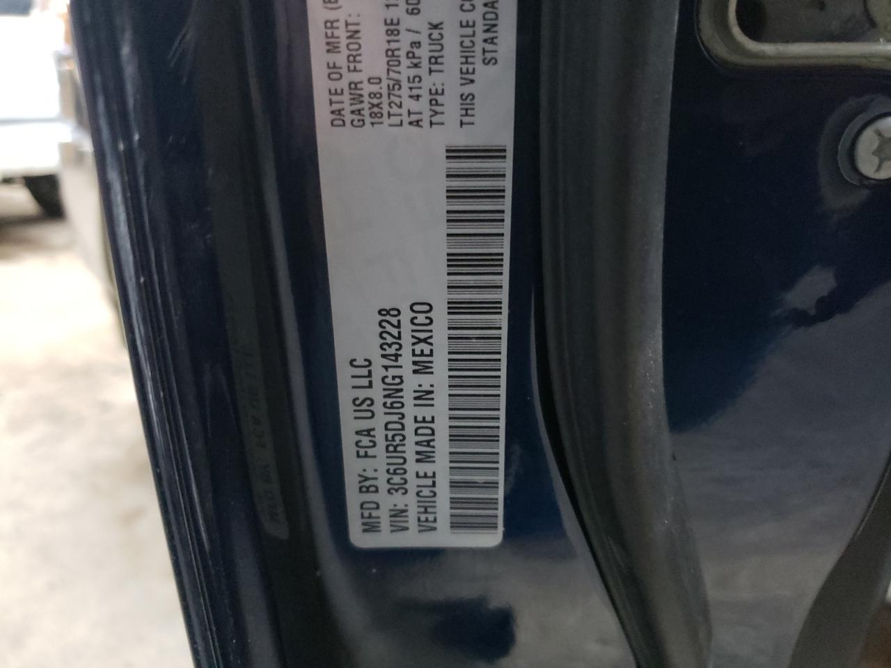 2022 RAM 2500 BIG HORN/LONE STAR VIN:3C6UR5DJ6NG143228