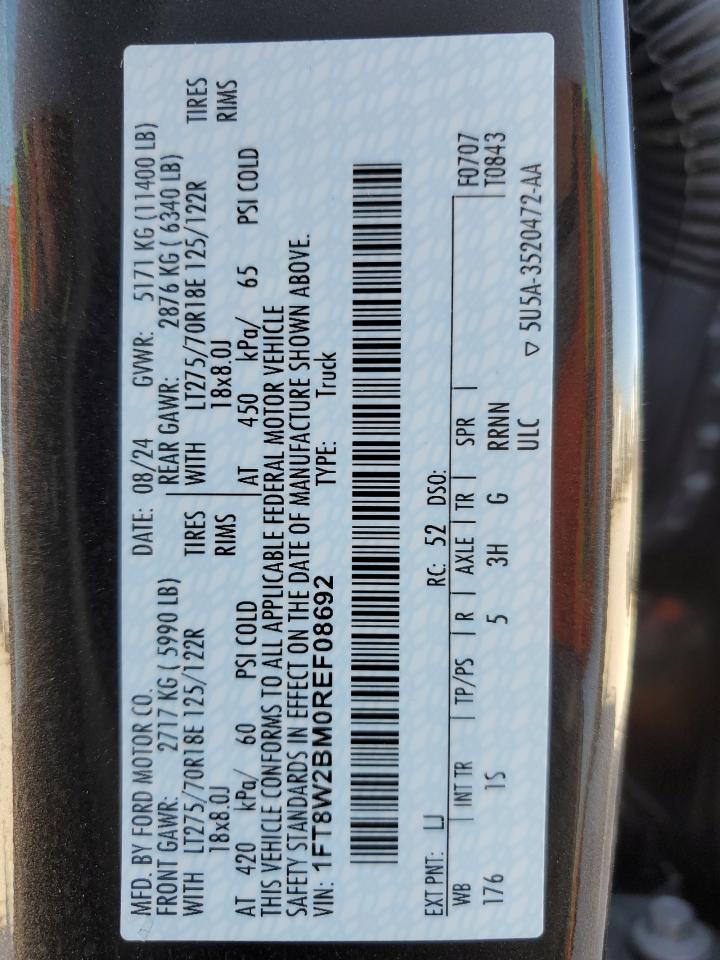 2024 FORD F250 SUPER DUTY VIN:1FT8W2BM0REF08692