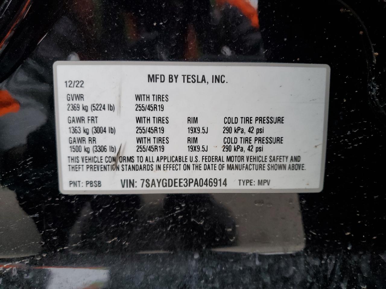 2023 TESLA MODEL Y VIN:7SAYGDEE3PA046914