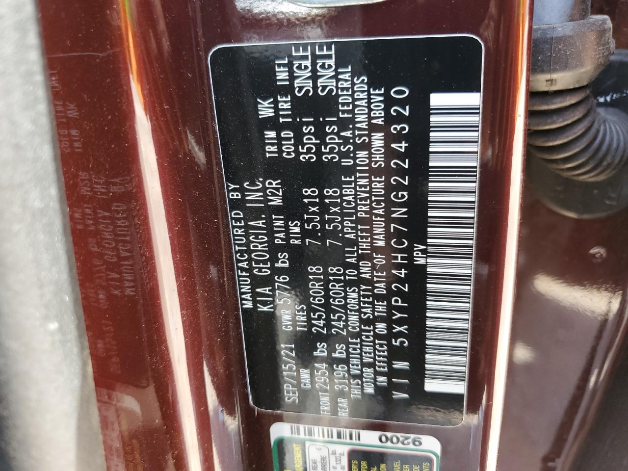2022 KIA TELLURIDE LX VIN:5XYP24HC7NG224320