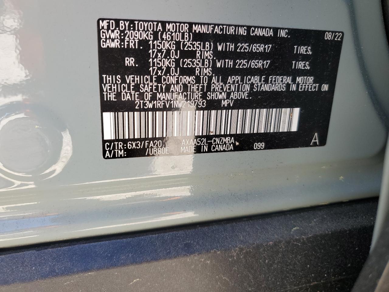 2022 TOYOTA RAV4 XLE VIN:2T3W1RFV1NW219793