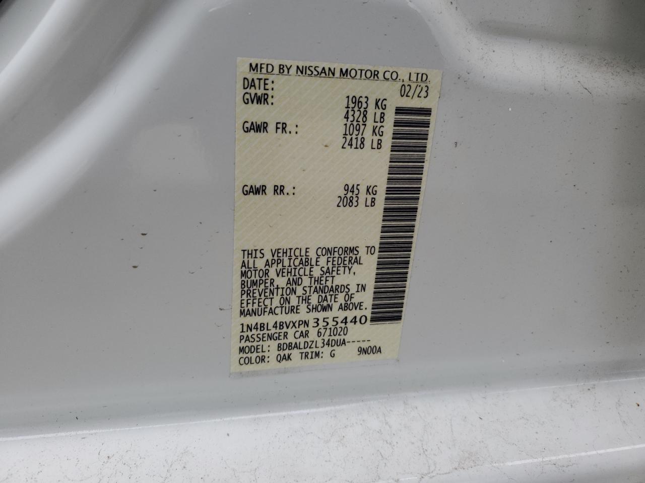 2023 NISSAN ALTIMA S VIN:1N4BL4BVXPN355440