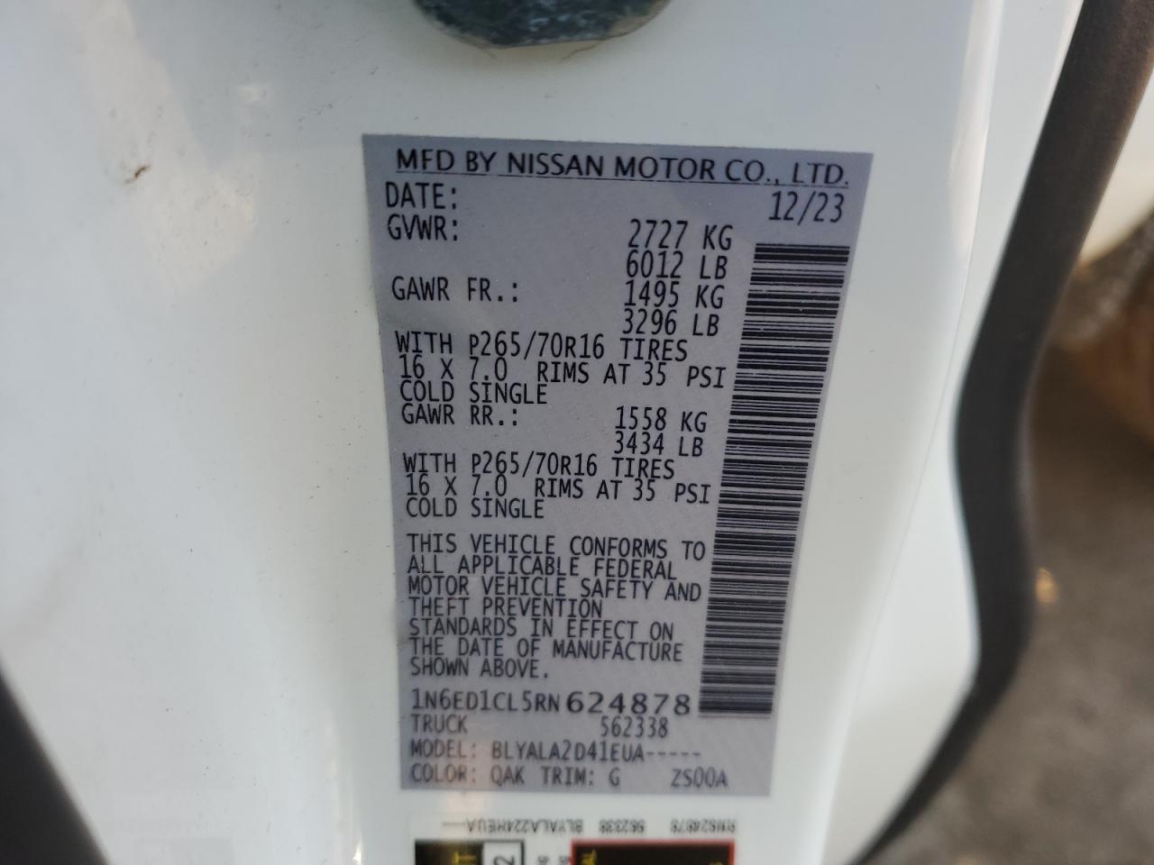 2024 NISSAN FRONTIER S VIN:1N6ED1CL5RN624878