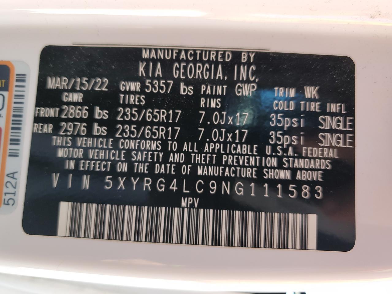 2022 KIA SORENTO LX VIN:5XYRG4LC9NG111583