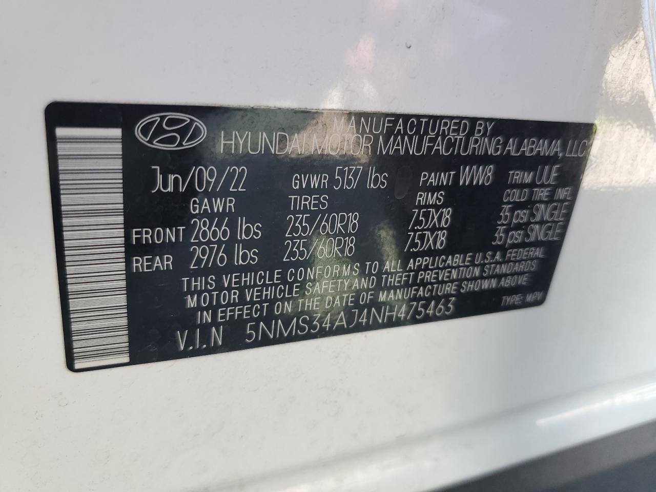 2022 HYUNDAI SANTA FE SEL VIN:5NMS34AJ4NH475463