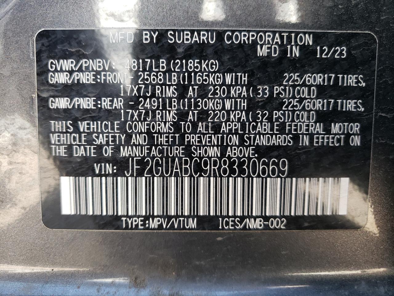 2024 SUBARU CROSSTREK VIN:JF2GUABC9R8330669