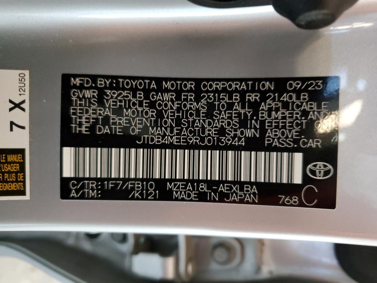 2024 TOYOTA COROLLA LE VIN:JTDB4MEE9RJ013944