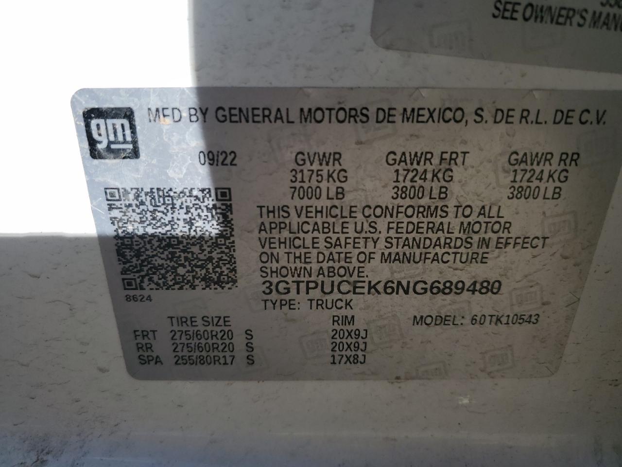 2022 GMC SIERRA K1500 ELEVATION VIN:3GTPUCEK6NG689480