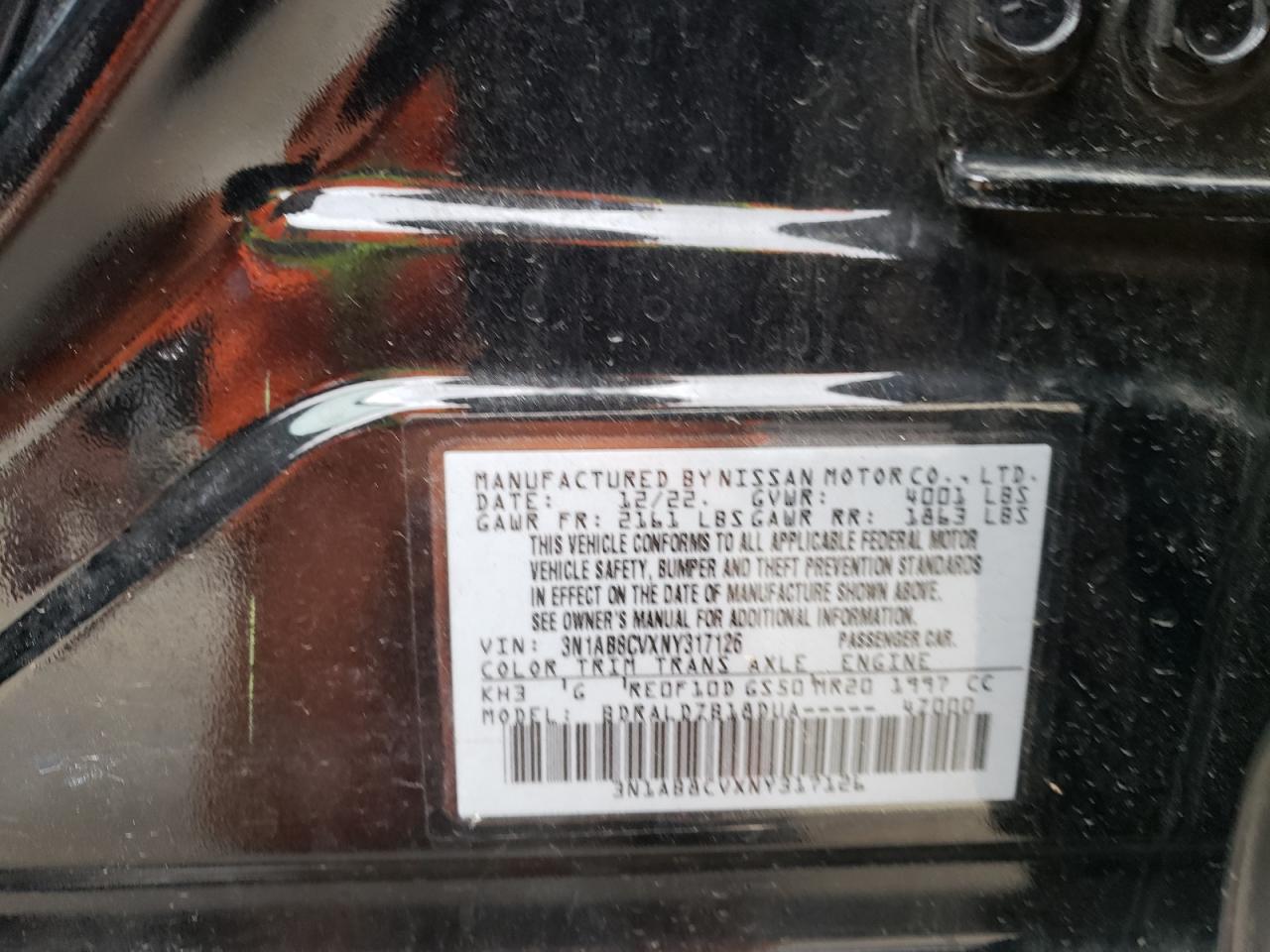 2022 NISSAN SENTRA SV VIN:3N1AB8CVXNY317126